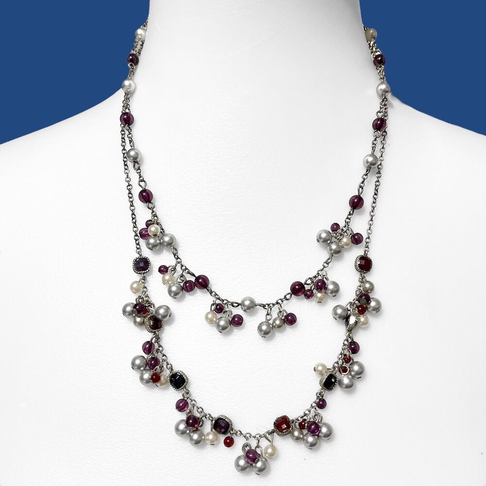 Laila Rowe Layered Necklace Antiqued Silver Tone Purple Red Dangle Bead Boho